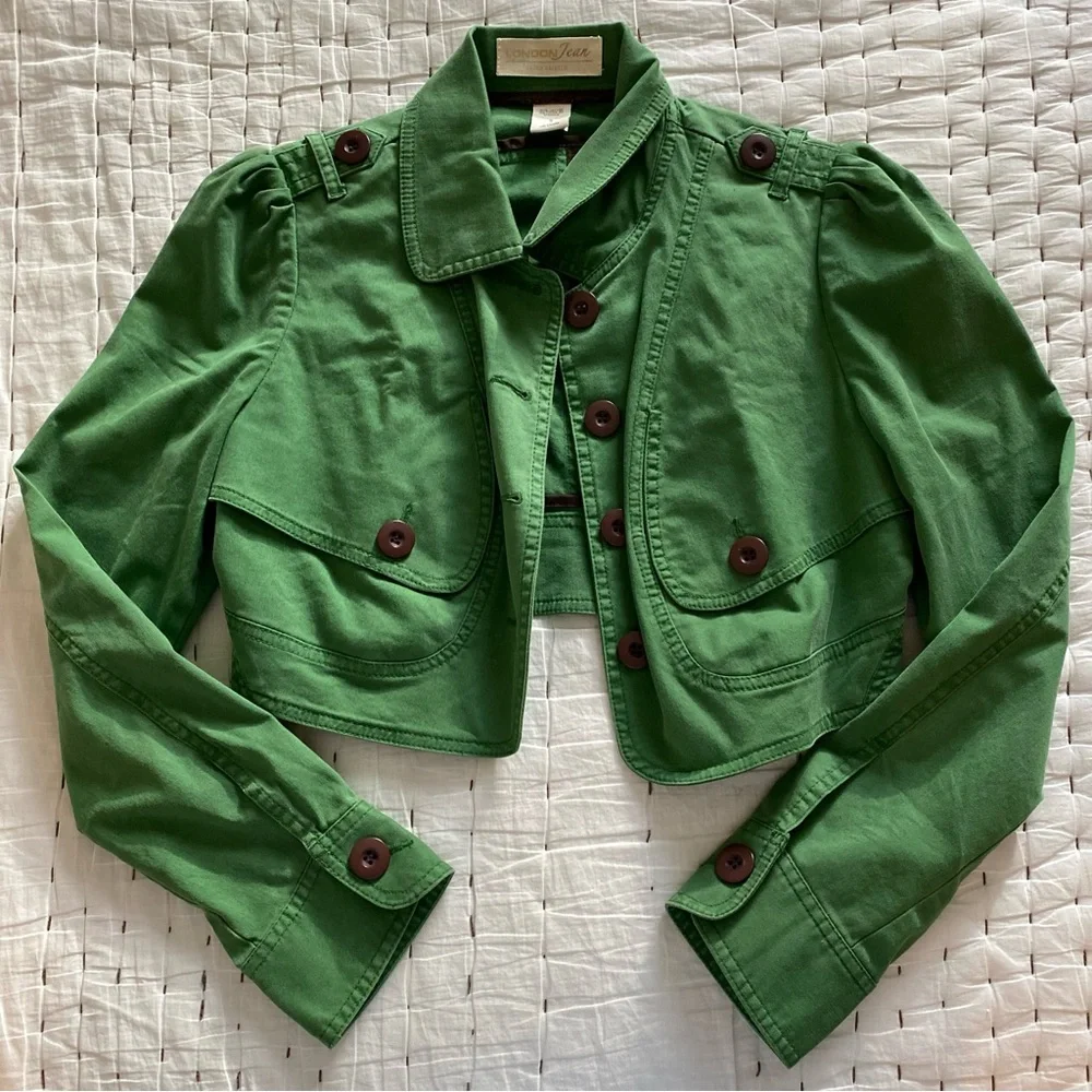 London Jean Chino Stretch Green Cropped Jean Jacket Size S - Picture 3 of 9